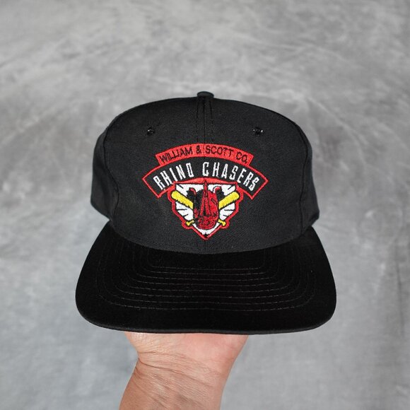 Vintage Rhino Chasers Beer SnapBack Hat William And Scott Co Black 90s - Picture 1 of 5